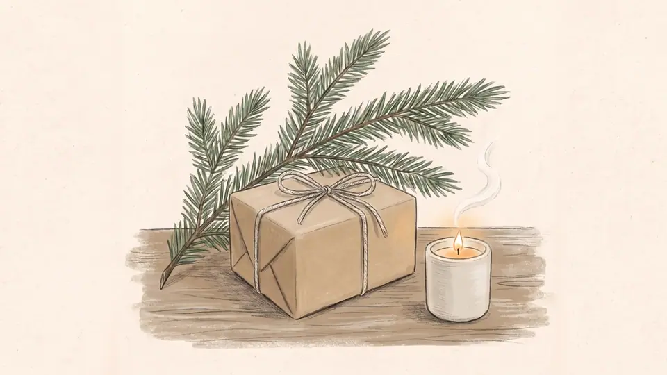Illustration of a wrapped gift beside a fir branch and a candle.