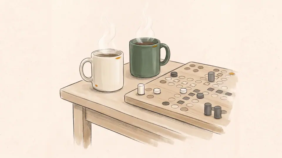 Illustration of two mugs and a board game on a table.