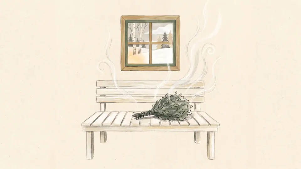 Illustration of a sauna bench, birch whisk and steam, with a snowy forest outside the window.