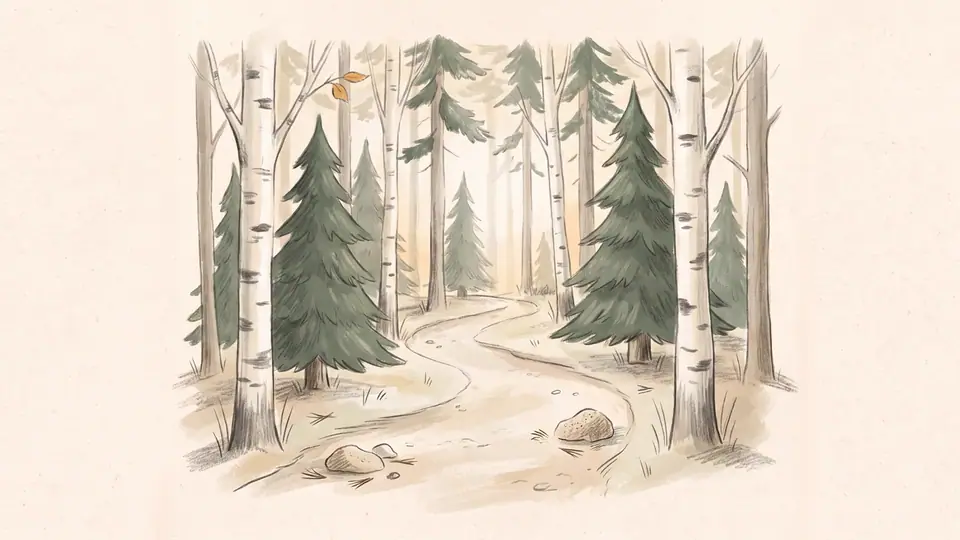 Illustration of a quiet forest path among birch and spruce trees.