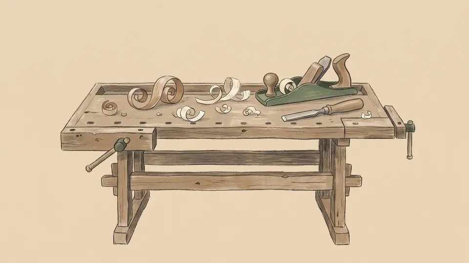 Illustration of a maker's workbench with wood shavings and simple hand tools.